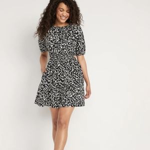 Waist-Defined Puff-Sleeve Cotton-Poplin Side-Cutout Mini Dress